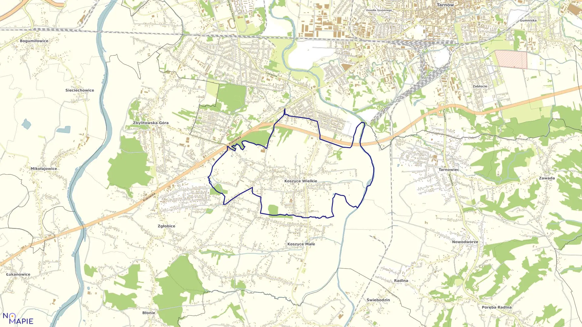 Mapa obrębu Koszyce Wielkie w gminie Tarnów