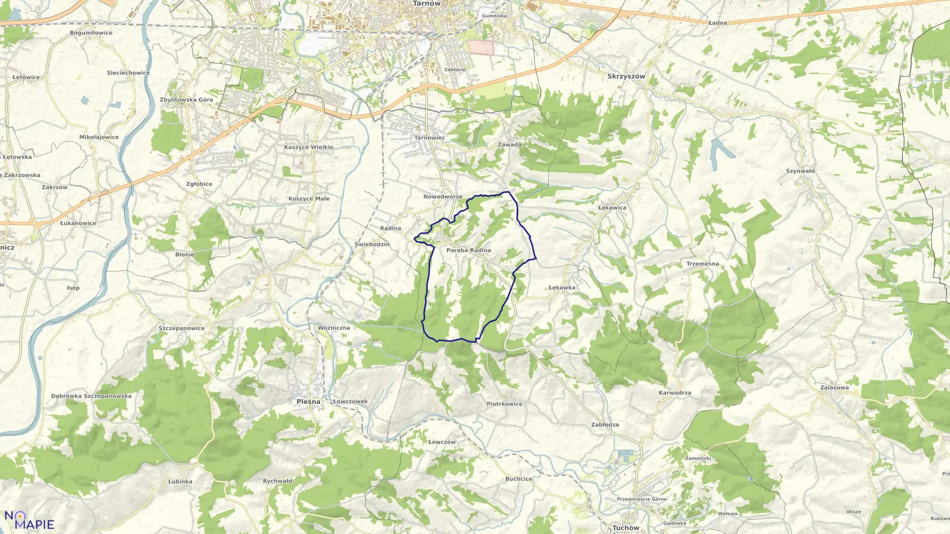 Mapa obrębu Poręba Radlna w gminie Tarnów