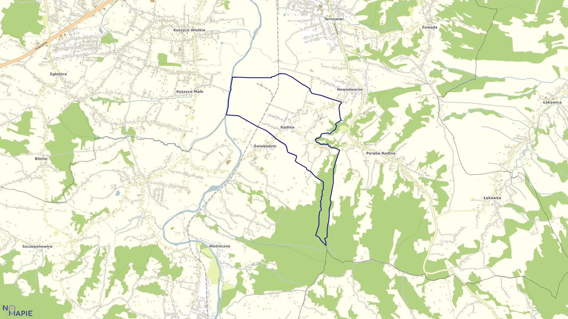 Mapa obrębu Radlna w gminie Tarnów