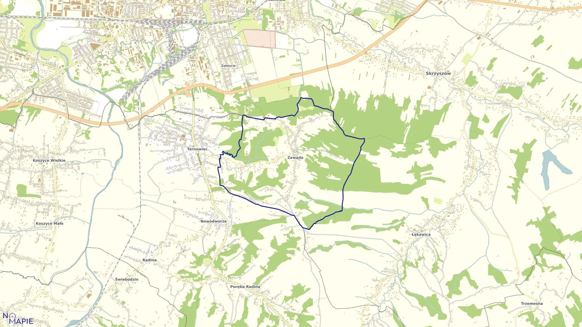 Mapa obrębu Zawada w gminie Tarnów